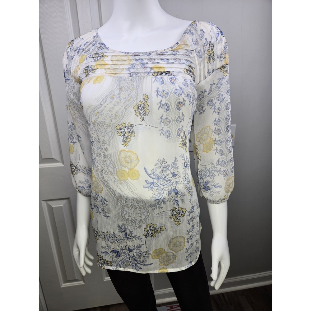 Lauren Conrad Chiffon Sheer Peasant Floral Vlouse Top Medium M Button‎ Sleeve